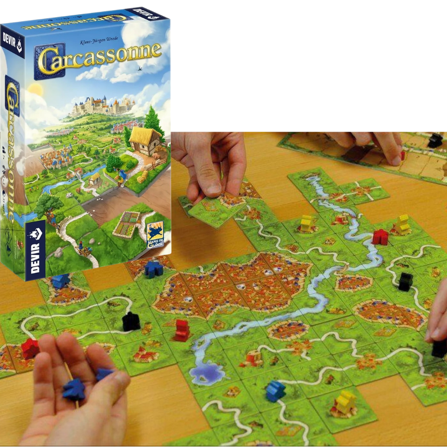 Jogo Carcassonne com peças e meeples posicionados