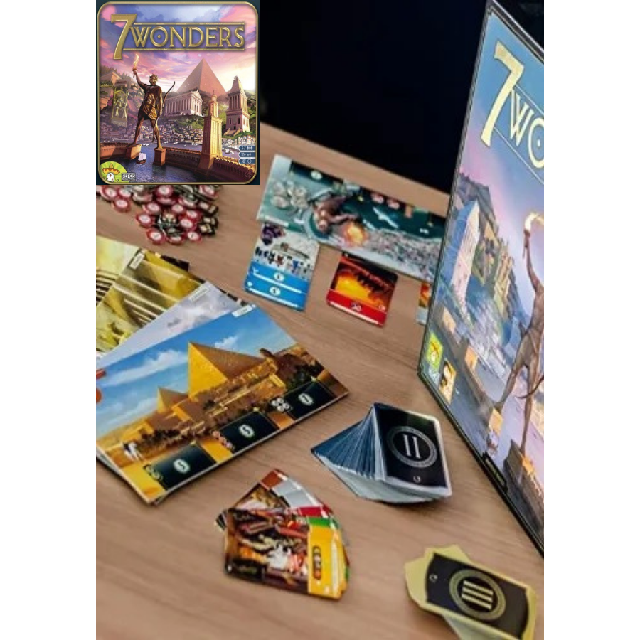 Cartas e fichas do jogo 7 Wonders em jogo.
