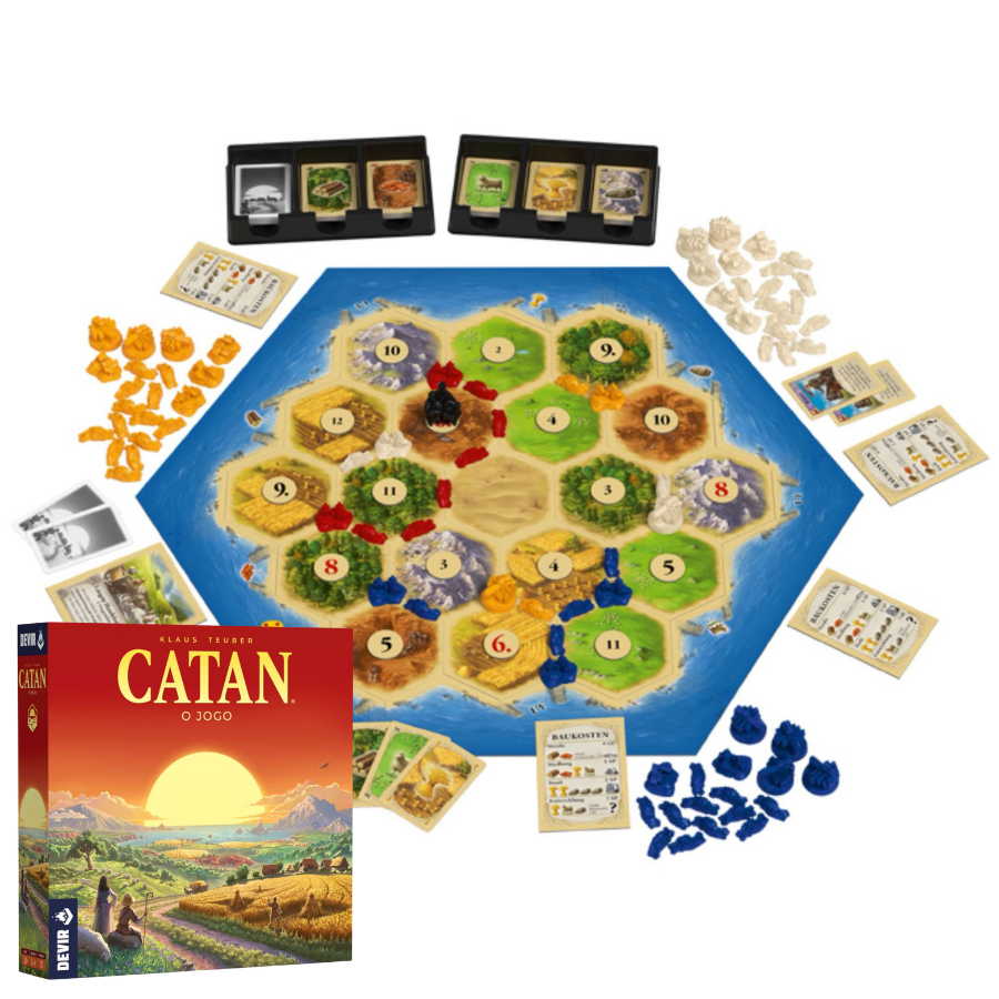 Jogo de tabuleiro Catan  com peças e estradas.